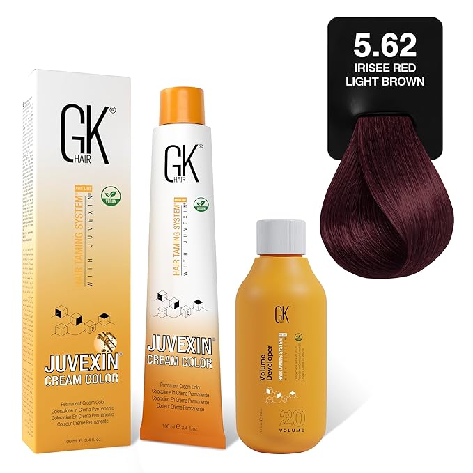 GK HAIR Global Keratin Reds 5.62 Irisee Light Brown Hair Color Cream Tube (3.4 Fl Oz/100ml) + 20 Volume Developer (5 Fl Oz/150ml) - Professional Permanent Long Lasting Toner Dye