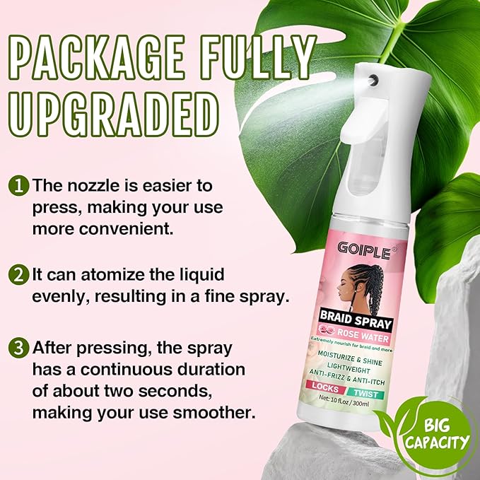 10 fl oz Braid Spray Rose Mint for Dreads, Dreadlocks, Locks Spray Rose Water for Itchy Scalp, Shine & Lightweight for Dull Hair Twists, Cornrows, Box Braids Moisturizer, Rose Water for All Hair Types