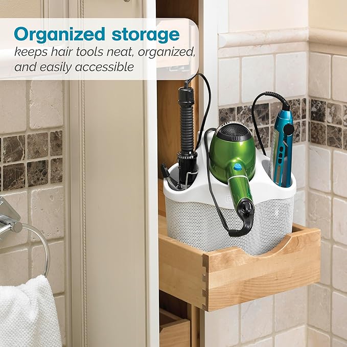 Polder Style Station, Tool Organizer for Hair Dryer, Curling Iron, and Straightener, Easy-to-Store Hair Styling Station, White and Silver