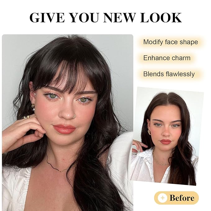 BOGSEA Bnags Hair Clip- Medium Brown Fake Bangs 100% Real Human Hair Extensions Wispy Bangs for Women Fringe with Temples Hairpieces Curved Bangs for Daily Wear（Medium Brown Wispy Bangs）