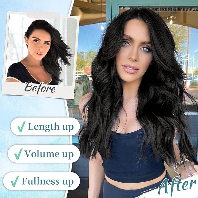 KooKaStyle Clip in Synthetic Hair Extensions Long Wavy 4PCS Thick Hairpieces Brunette Brown Fiber Double Weft Natural Hair Extensions 16 Inch for Women