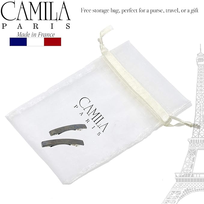Camila Paris CP3076 French Hair Barrette Clip for Girls, Set of 2 Grey Rubberized Metal Clasp Strong Hold Grip Hair Clips for Women, No Slip Durable Styling Girls Hair Accessories, Made in France