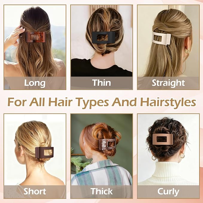 French Flat Hair Clips for Women 6pcs Hair Claw Clips for Thick or Thin Hair Matte Claw Clips for Girls Barrettes Non-Slip Strong Hold Hair Accessories for Women (Transparent)