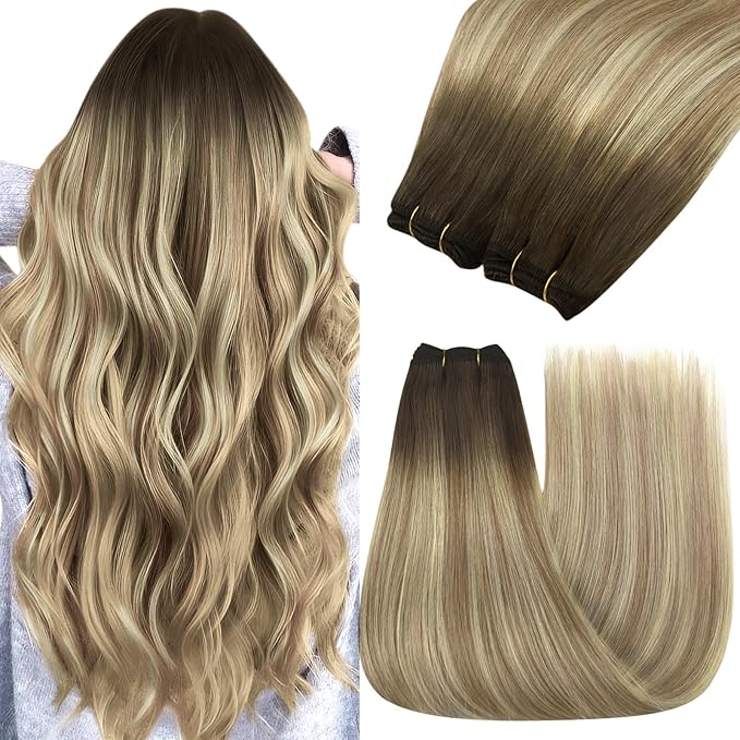 YoungSee Human Hair Weft Extensions Brown Ombre Sew in Extensions Balayage Weft Hair Extensions Human Hair Walnut Brown Ombre Light Brown with Blonde Balayage Hair Wefts Remy Hair 20Inch 100G