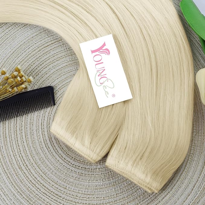 YoungSee Invisible Wire Hair Extensions Real Human Hair Blonde Hair Extensions Wire Platinum Blonde Fish Line Hair Extensions Human Hair Dyable Remy Hair 16In 80G
