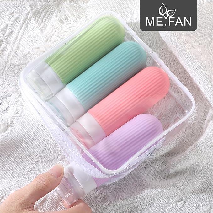 ME.FAN Travel Bottles for Toiletries, TSA Approved 3oz Silicone Journey Size Containers, Portable Split Bottle for Conditioner, Shampoo, Lotion- 4 Pack Bright