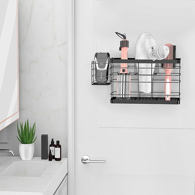Hair Tool Organizer - Black Steel Wall Mounted Hair Dryer Holder with Removable Basket, 10.62"L x 4.33"W x 6.69"H, Ideal for Small Bathrooms