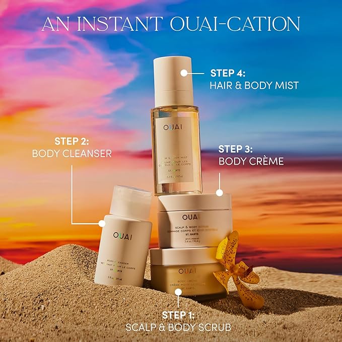 OUAI Scalp & Body Scrub, St. Barts Travel Size - Exfoliating Body Scrub with Sugar & Coconut Oil Blend for Smooth, Moisturized Skin - Gentle Scalp Exfoliator for Removing Product Build Up (3.4 oz)