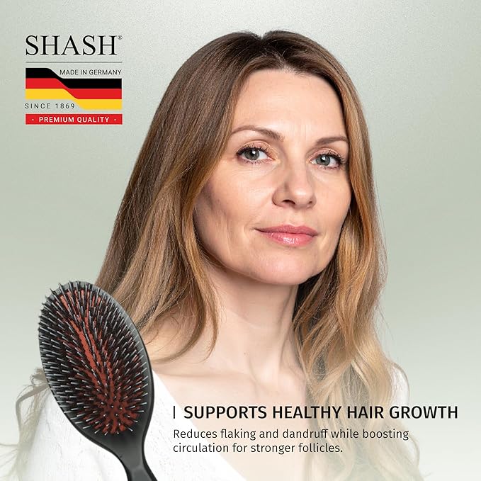 SHASH Since 1869 Hand Made In Germany - Nylon, 100% First Cut Boar Bristle Brush Suitable For Normal to Thick Hair - Gently Detangles, No Pulling or Split Ends - Softens Improves Texture, (Medium)