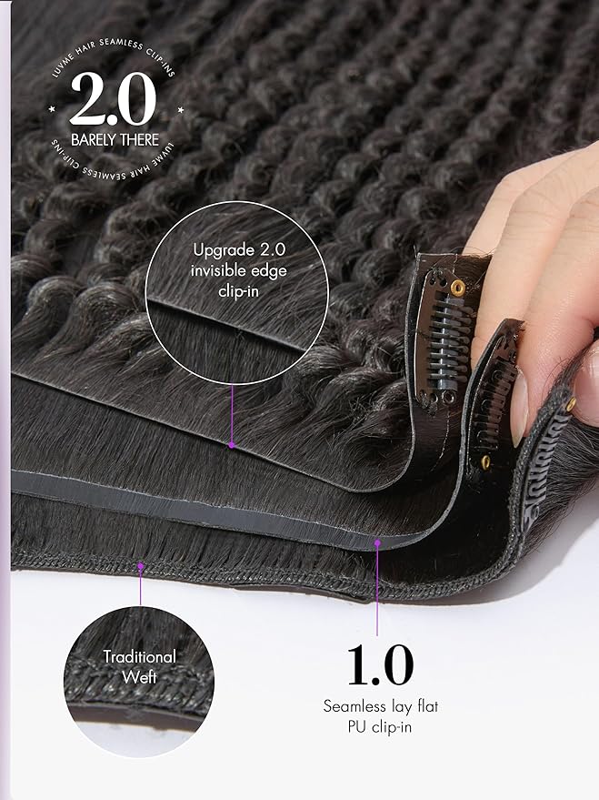 LUVME Invisible Clip ins Hair Extensions Deep Kinky Curly Real Human Hair Remy Hair Clip ins for Women, Natural Human Hair 14 inch 2 Pack 220g 12Pcs, Natural Black