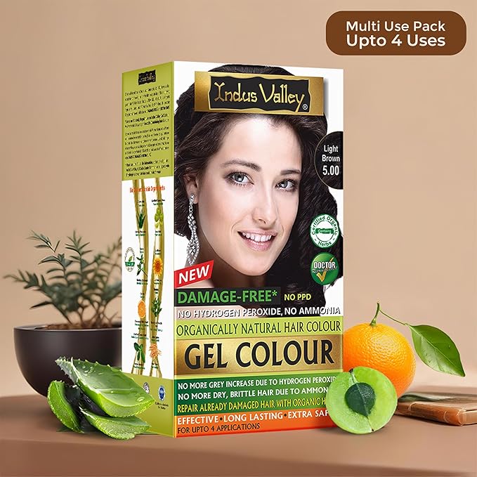 Indus Valley Natural Organic Damage Free Gel Hair Color | Ammonia Free, Vegan & Cruelty Free | Up to 100% Gray Coverage, Long Lasting Results | Light Brown 5.0 (20gram+200ml)