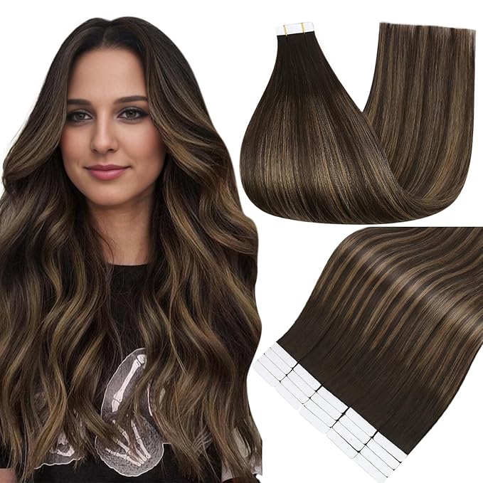 Full Shine Hair Extensions Tape in Hair Color 2 Fading to 8 Highlight 2 Darkest Brown Balayage Tape Real Human Hair 20 Inch Remy Tape Ins Extensions 50G 20Pcs Hair Extensions Add Length