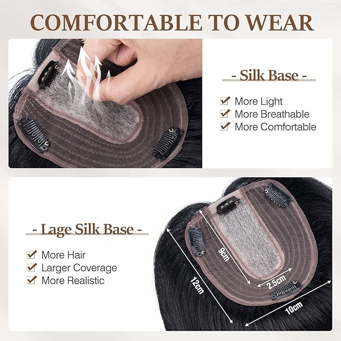 Rich Choices Hair Toppers for Women Real Human Hair 100% Human Remy Toppers NO Bangs for Women with Thinning on Top Clip in Hairpiece 4"x4.7"Lace Base 14 Inch #1 Jet Black