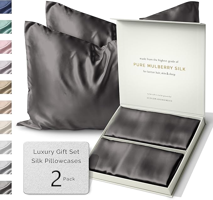 SUNDAYSILKS™ Silk Pillow Cases 2 PACK | 22 Momme Mulberry Silk Pillowcase Set of 2 | Standard Queen, King Size | All Sides 100% Pure Silk Slip Pillowcase Bliss for Women with Zipper [Charcoal Essence]