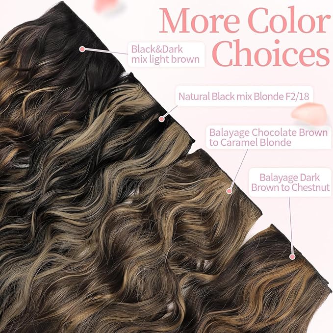 KooKaStyle Clip in Synthetic Hair Extensions Long Wavy 4PCS Black&Dark mix light brown Fiber Double Weft Natural Hair Extensions 20 Inch for Women