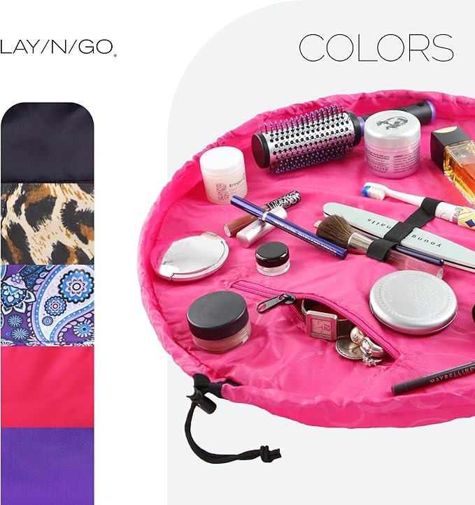 Lay-n-Go Cosmo Layflat Drawstring Cosmetic & Makeup Bag Organizer w/Zipper Pocket, Brush Loops & More, Cinch to Close, Lay Flat to Use, Durable, Machine Wash, Travel Toiletry Bag (22", Pink)