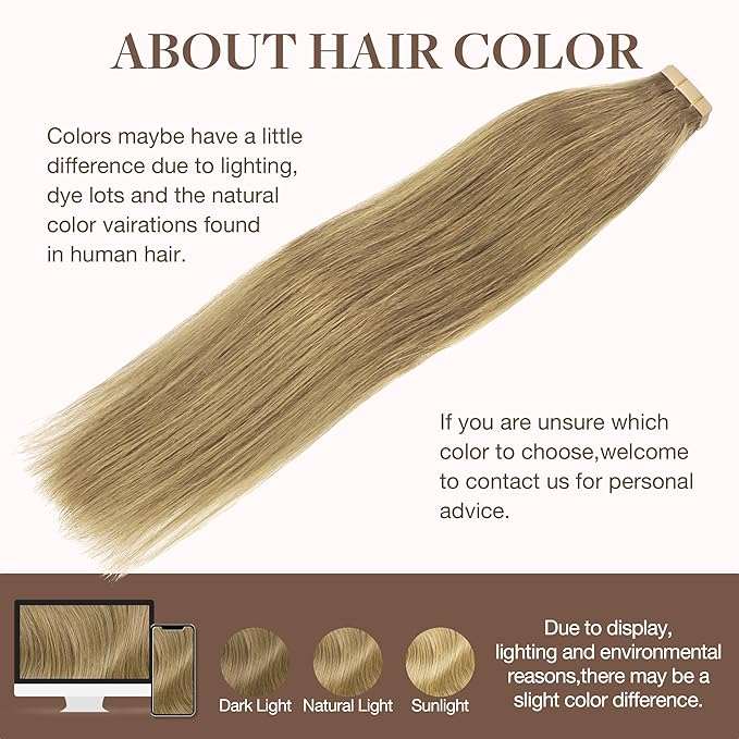 GOO GOO Tape in Hair Extensions Human Hair, 7 Bronde, 20inch 100g 40pcs, Skin Weft Seamless Invisible, Silky Straight with Thick Ends, Remy Human Hair