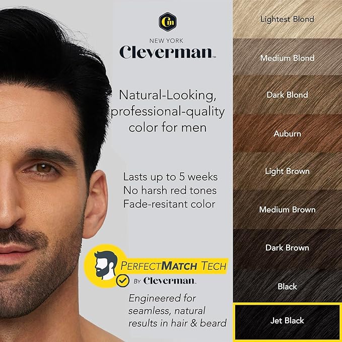 2X Pack Cleverman Hair & Beard Dye Kit for Men, All-in-One Reusable Mens Hair Color, Natural Gray Coverage, Ammonia-Free Beard Mustache Dye for Men (Jet Black)