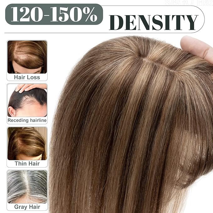 SEGO Hair Toppers for Women Real Human Hair with Thinning Hair, Toppers Hair Pieces Clip in Toppers Straight Hair Pieces with Front Bangs -12 Inch #4/27 Medium Brown Mix Dark Blonde