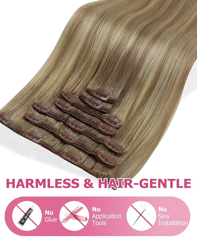 YoungSee 150g Hair Extensions Clip ins Light Brown Clip in Hair Extensions Balayage Hair Clip in Extensions Light Brown Ombre Plaitnum Blonde Highlights Dyable Remy Hair 7pcs 20inch
