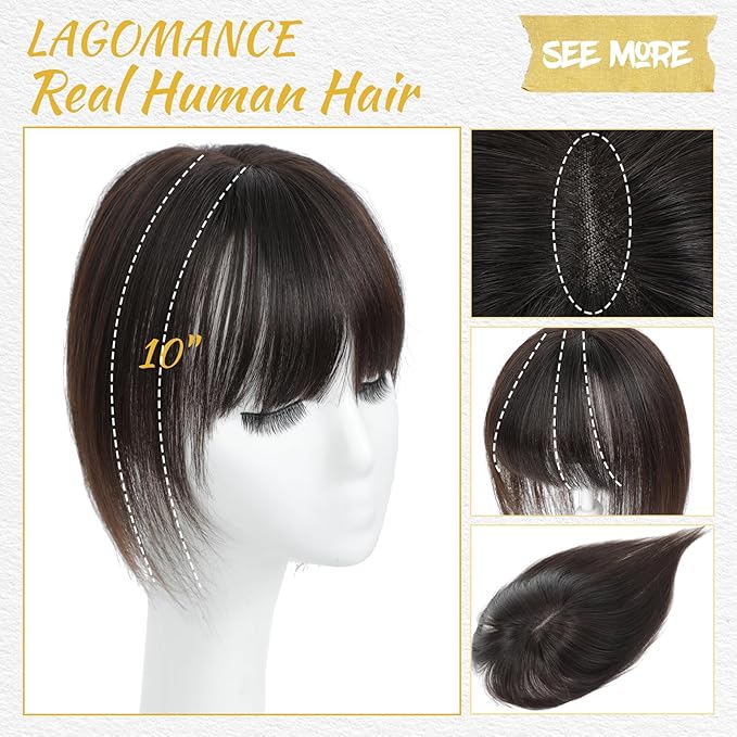 100% Real Human Hair Topper for Women Human Hair Bangs for Women 10 inch Dark Brown Hair Hoppers Clip in Bangs Swiss Base Hairpieces for Thinning Hair#2