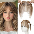 Benehair Clip on Bangs Human Hair, Front Hair Extensions for Women Hair Pieces with Temples for Daily Wear (Medium Brown highlights dark blonde)