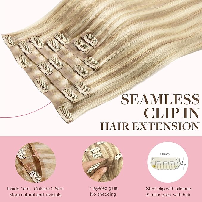GOO GOO Clip in Hair Extensions Real Human Hair, Remy Human Hair Extensions Clip ins for Women, Natural Human Hair, 18inch 110g 7Pcs, 18A/613A Dark Blonde Highlighted Bleach Blonde