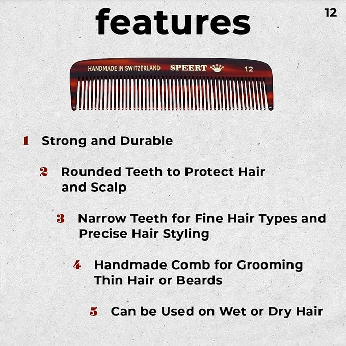 #12 Handmade Narrow Tooth Comb Tortoise Havana Acetate Fine Straight Thin Detangling Parting Grooming Teasing Hair Styling Hairdresser Barber Hairdressing Wet Dry Pocket Travel Women Men Kids