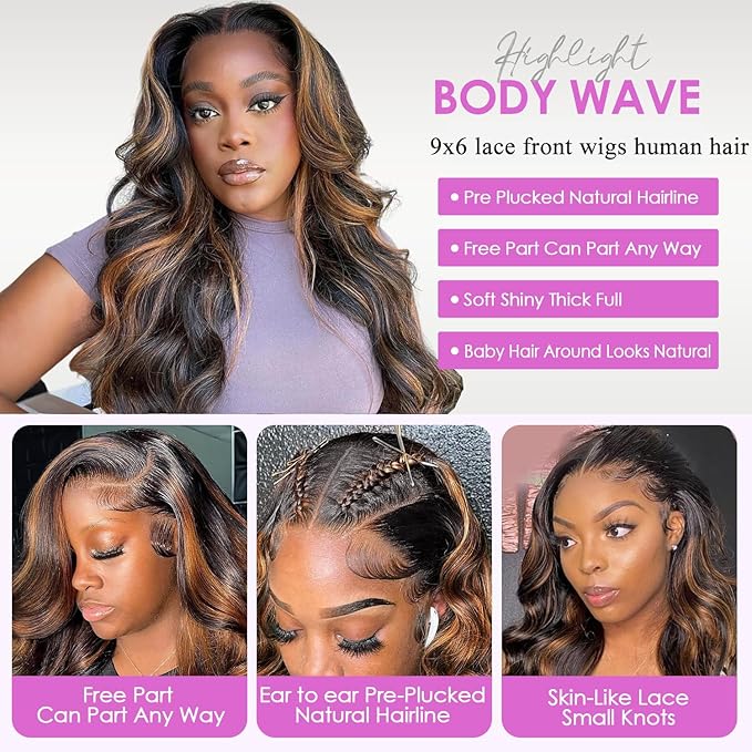 Highlight Ombre Lace Front Wigs Human Hair Body Wave 9x6 Lace Frontal Wigs Pre Plucked Colored 1B/30 Brown Highlight Wig 36 Inch Balayage Wigs Glueless Wigs Human Hair for Women