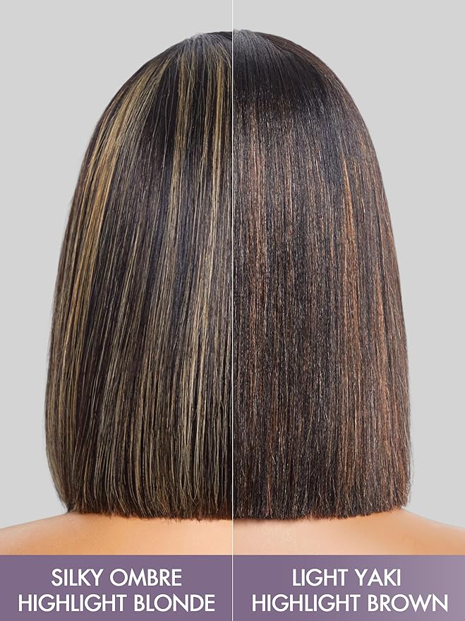 LUVME HAIR 14 Inch Blonde Highlight Bob Human Hair Wig with Bangs Glueless HD Lace Bang Wig True Scalp Ready to Go Silky Straight Highlight Human Hair Short Wig with Bangs (Breathable Cap)