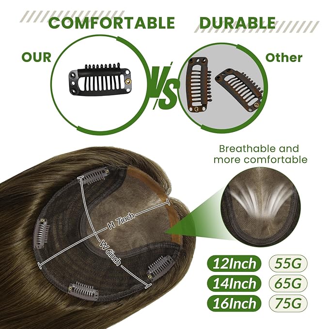 HAIR Real Human Hair Toppers for Women 150 Density 6x7inch Hand-Tied 65 grams 14 inch Hair medium dark brown for Women with Thinning Crown (#4 14inch)