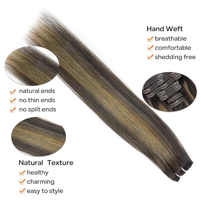 Balayage Clip in Hair Extensions Real Human Hair Straight Highlight Human Hair Clip ins for Women, Natural Soft Remy Human Hair, 8Pcs 120g, 18inch #2/6/2 Balayage Dark Brown to Chestnut Brown