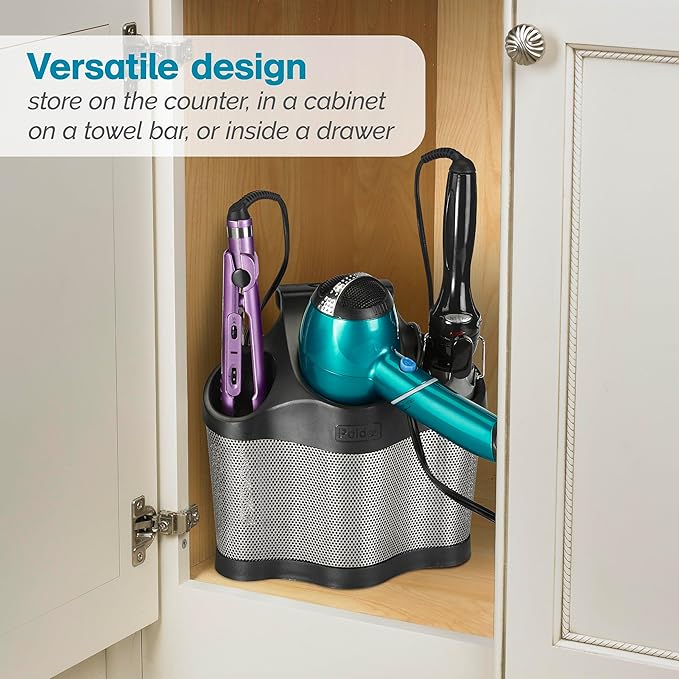 Polder Style Station, Organization for Styling Tools: Hair Dryers,Curling Irons, Straighteners, Brushes, Hang Over Towel Rack, Store Undersink or in Drawer, Black and Silver