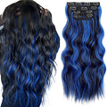 KooKaStyle Clip in Long Wavy Synthetic Hair Extension 20 Inch Blue - Black Streak 4PCS Thick Hairpieces Fiber Double Weft Hair for Women