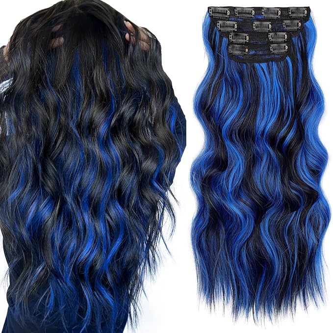 KooKaStyle Clip in Long Wavy Synthetic Hair Extension 20 Inch Blue - Black Streak 4PCS Thick Hairpieces Fiber Double Weft Hair for Women
