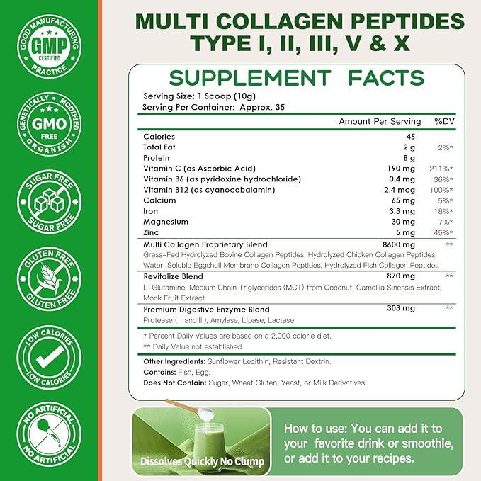 NATURE TARGET Multi-Collagen-Peptides-Powder - Hydrolyzed Collagen with Energy Blend + Multivitamin & Minerals, Supports Energy Skin Hair Nail & Joint, Non-GMO, 35 Servings