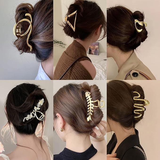 MHDGG Large Metal Hair Claw Clips for Women, 6-Pack Non-Slip Strong Hold Clips for Thin or Thick Curly Hair Styling (Gold)