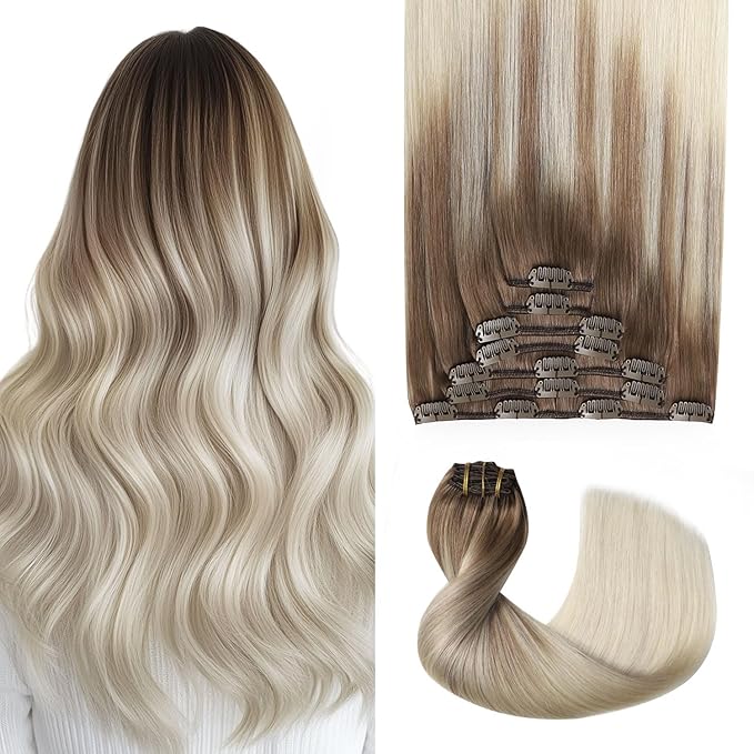 Pro2.0 Remy Clip in Extensions Real Human Hair Color #8/60 Ash Brown to Platinum Blonde Remy Clip in Hair Extensions Real Human Hair 18inch 120g Thick 7pcs Double Weft（#8/60-18inch）