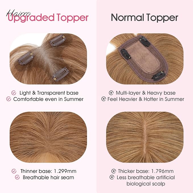 Hairro Human Hair Toppers with Side Bangs, 3D 360° Seamless Real Hair Toppers, Hand-Tied with 3.5"x4.7" T-shaped Base, Clip-In Hairpieces to Add Volume on Top, 11 Inch Light Brown