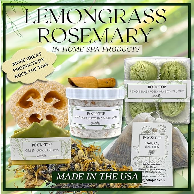 | 6 Lemongrass Rosemary Self Care Gifts for Women, Aromatherapy Epsom Salt Bath Soak, Lavender Soap, Bath Bombs, Bath Salts with Plant Based Loofa Dry Brushing Body Brush Gift