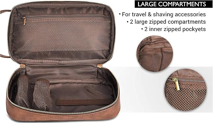 Vetell Classic Leather Men's Travel Toiletry Bag and Dopp Kit with Upper and Lower Zippered Compartments, 2 Mesh Bottle Pouches and Carrying Handle