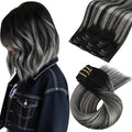 Moresoo Silver Grey Hair Extensions Real Human Hair Clip ins Balayage Black to Silver Double Weft Human Hair Clip in Extensions Short Straight Hair Extensions for Women 80g/5pcs 14in