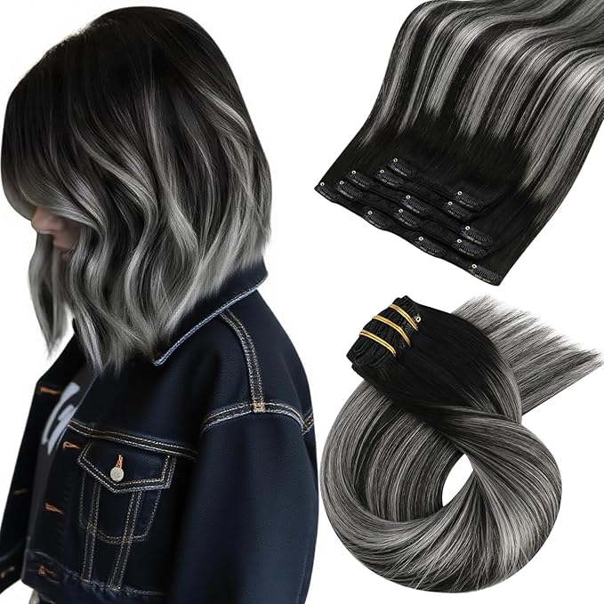 Moresoo Silver Grey Hair Extensions Real Human Hair Clip ins Balayage Black to Silver Double Weft Human Hair Clip in Extensions Short Straight Hair Extensions for Women 80g/5pcs 14in