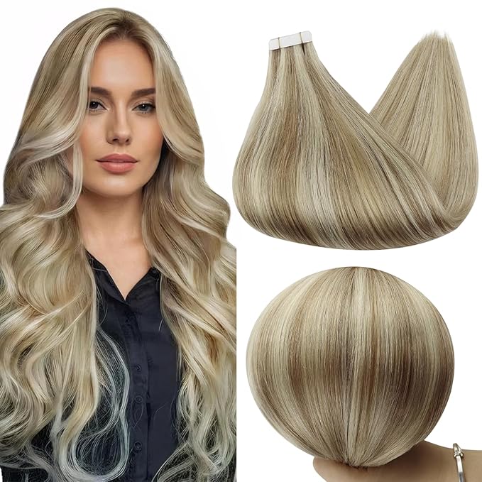 Full Shine Invisible Tape in Hair Extensions Color 16/22 Golden Blonde And Medium Blonde Remy Tape in Extensions Human Hair 20Inch Seamless Hair Extensions Real Human Hair 50G 20Pcs Natural Straight