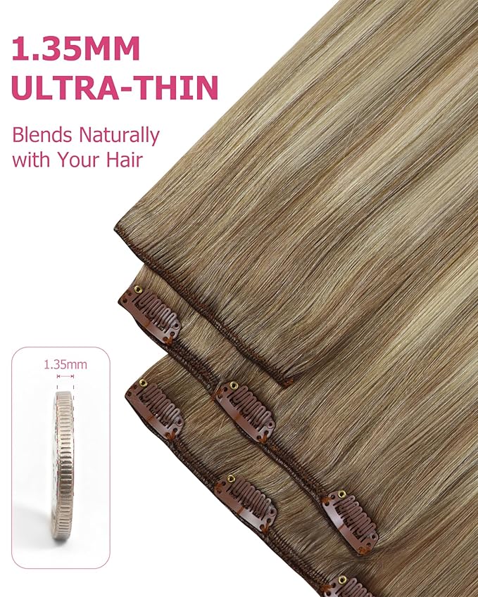 YoungSee 150g Hair Extensions Clip ins Light Brown Clip in Hair Extensions Balayage Hair Clip in Extensions Light Brown Ombre Plaitnum Blonde Highlights Dyable Remy Hair 7pcs 20inch