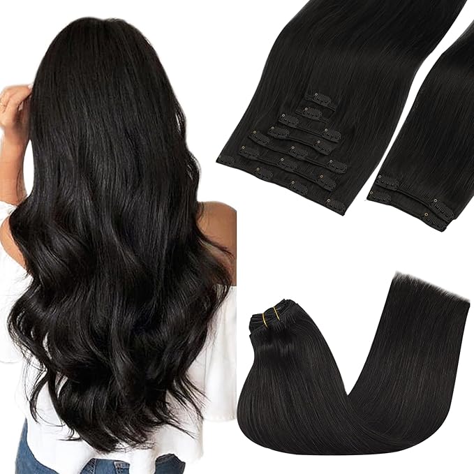 GOO GOO Clip in Hair Extensions Real Human Hair, Remy Human Hair Extensions Clip ins for Women, Natural Human Hair, 18inch 150g 9Pcs, 1B Natural black