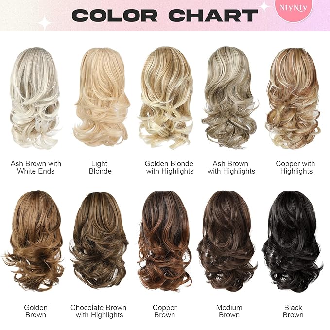 Ponytail Extension - 14" Claw Clip in Ponytail Hair Extensions Natural Soft Synthetic Layered Wavy Pony Tail Hair Pieces for Women - Chocolate Brown with Highlights