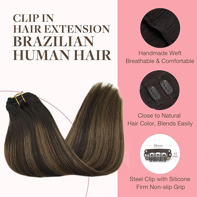GOO GOO Clip in Hair Extensions Real Human Hair, Remy Human Hair Extensions Clip ins for Women, Natural Human Hair, 18inch 120g 7Pcs, 2/6/2 Balayage Dark Brown to Chestnut Brown