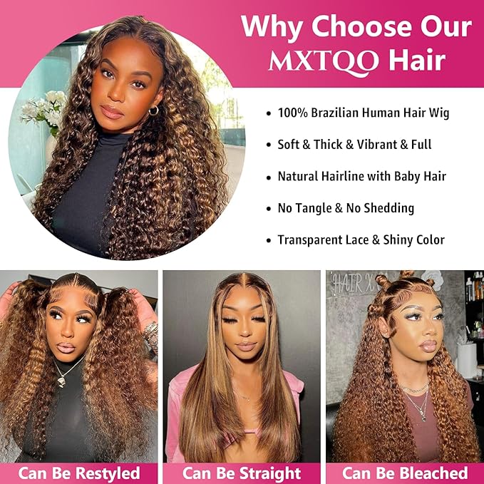 Honey Blonde Deep Wave Lace Front Wigs Human Hair 200 Density 13x6 HD Lace Front Wigs Ombre Human Hair Wig Glueless P4/27 Highlight Wig for Women Pre Plucked with Natural Hairline (24 Inch)