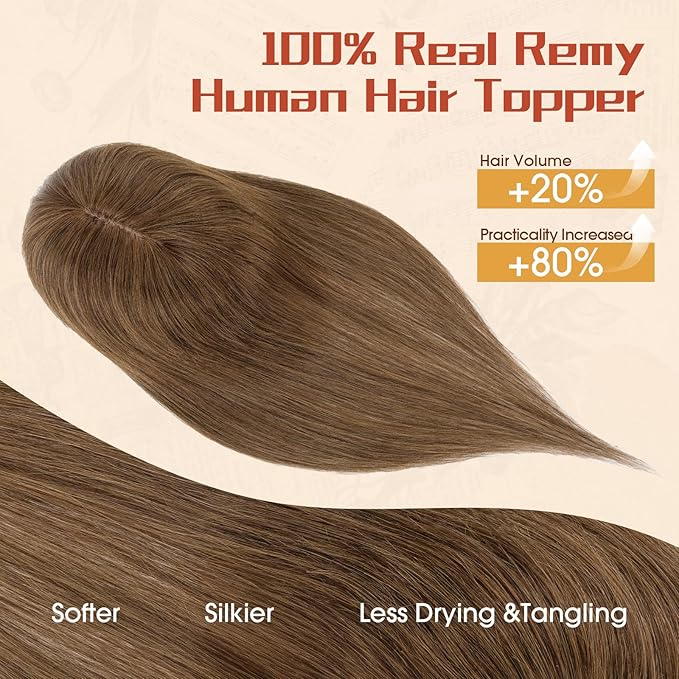 Rich Choices Human Hair Toppers for Women-100% Real Remy Hair Topper with 3D 360°Bang-Upgraded 150% Density 9 * 12CM Lace Base-Clip in Hairs topper for Thinning Hairs-14Inch #4 Medium Brown